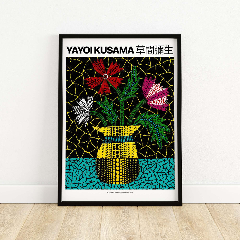 Yayoi Kusama Flowers Vase 1996 polka dot art print featuring vibrant flowers and a decorative vase against a black background.