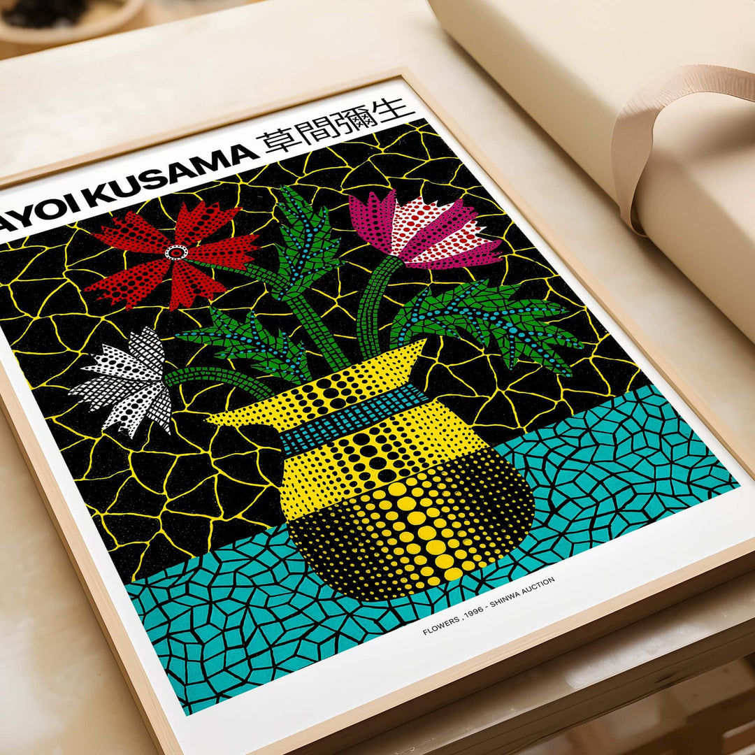 Yayoi Kusama 1996 flowers vase art print featuring dotted flowers in vibrant colors on a black background.