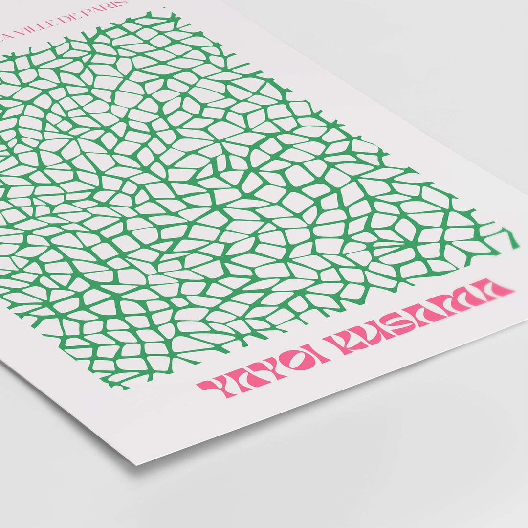 Yayoi Kusama green net pattern abstract art print, modern Paris poster decor featuring intricate designs.