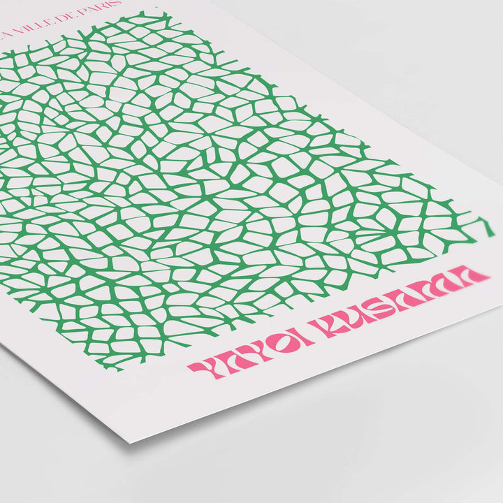 Yayoi Kusama green net pattern abstract art print, modern Paris poster decor featuring intricate designs.