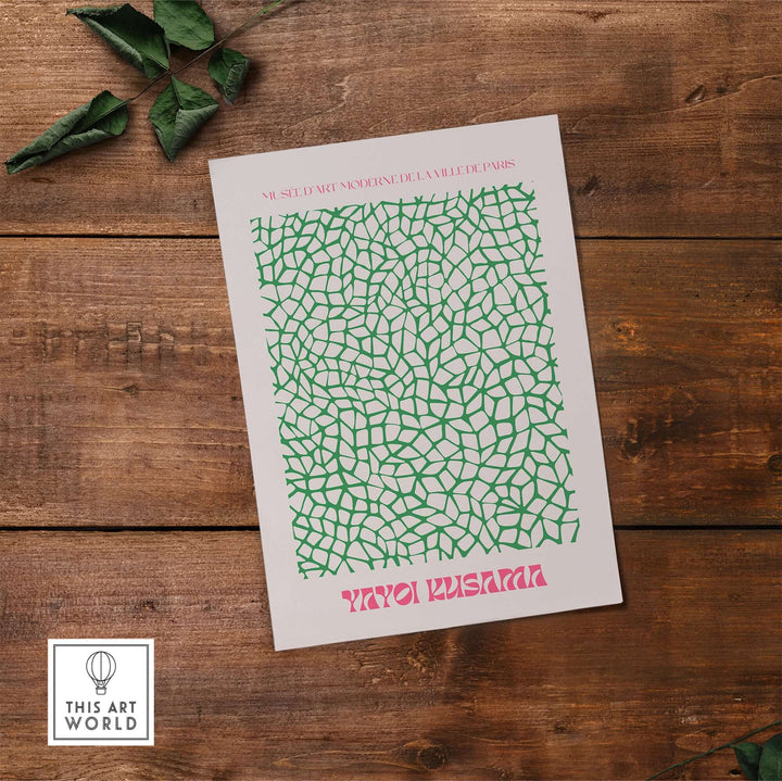 Yayoi Kusama green net pattern abstract art print poster inspired by Paris exhibition, modern home decor.