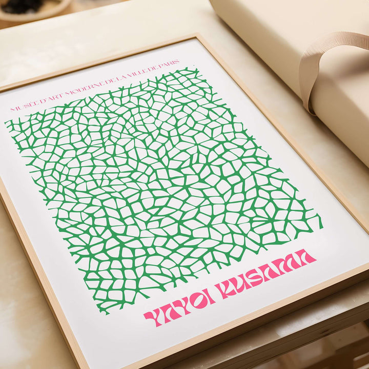 Yayoi Kusama green net pattern abstract art print, vibrant decor inspired by contemporary Japanese art.