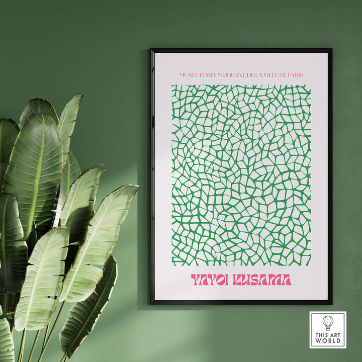 Yayoi Kusama green net pattern abstract art print poster on wall with plants, inspired by Paris exhibition.