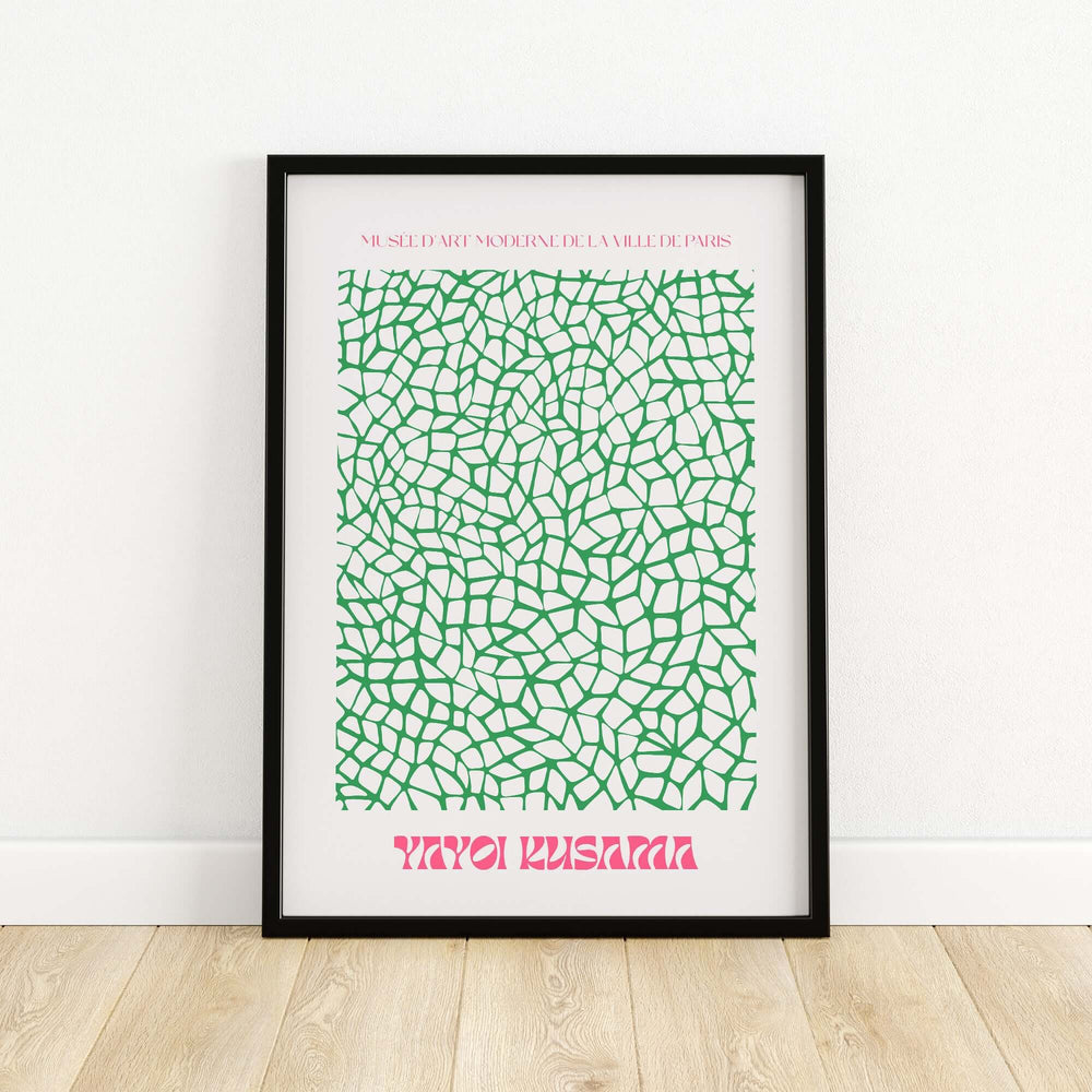 Yayoi Kusama green net pattern abstract art print poster featuring intricate details and modern design.
