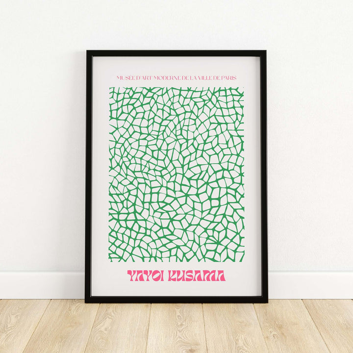 Yayoi Kusama green net pattern abstract art print poster featuring intricate details and modern design.