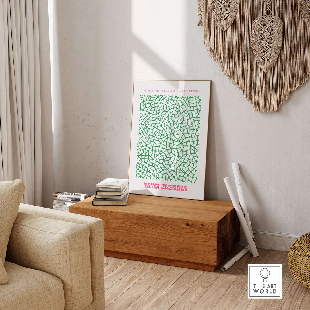 Yayoi Kusama Green Net Pattern Abstract Art Print displayed in a modern interior, enhancing vibrant decor.