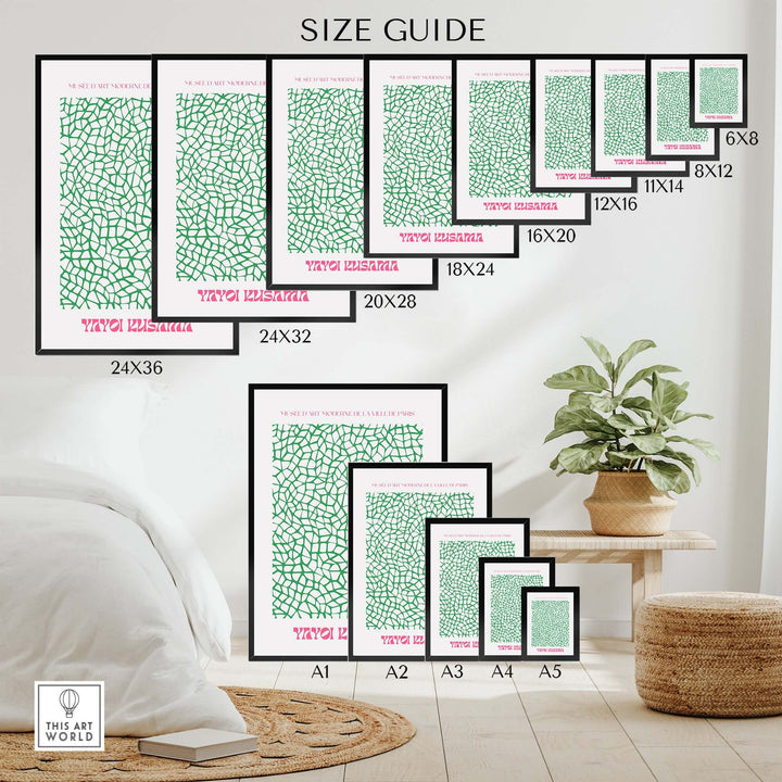 Size guide for Yayoi Kusama Green Net Pattern Abstract Art Print displayed on gallery wall with plant decor.