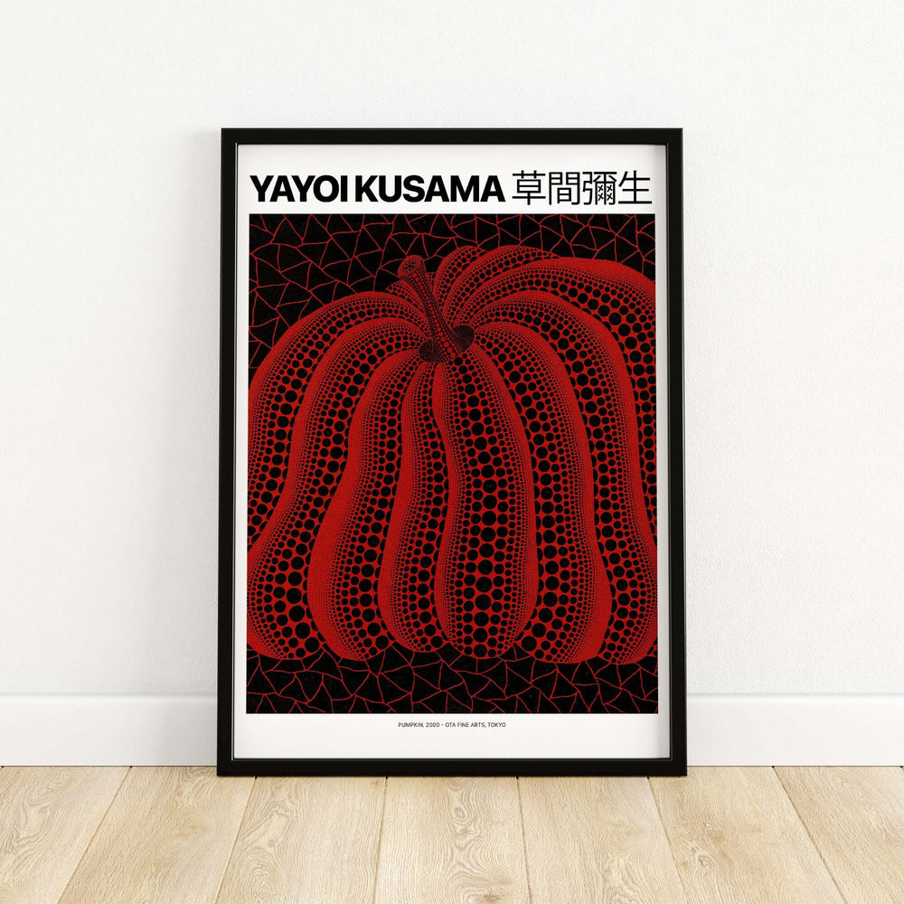 Yayoi Kusama Red Pumpkin poster with black polka dots against a black net background, 2000 Tokyo Exhibition art print.