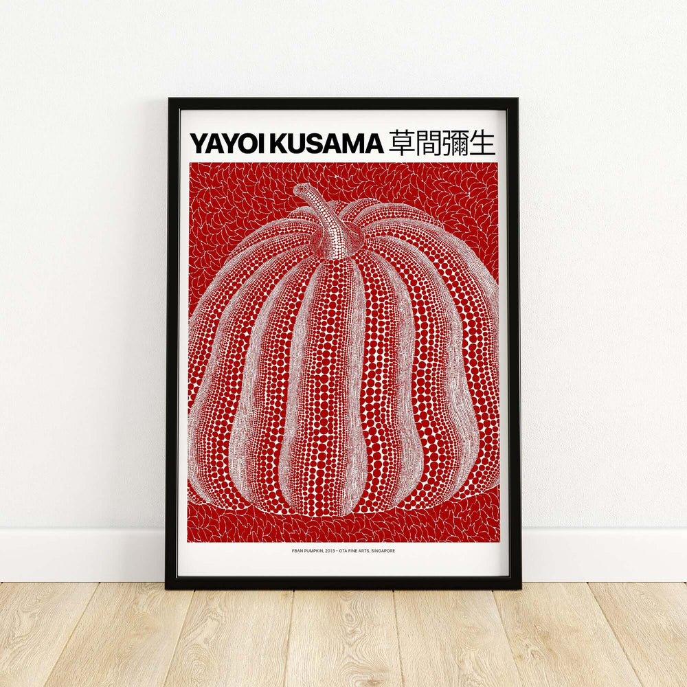Yayoi Kusama Red White Pumpkin 2013 art print poster featuring polka dots on a vibrant red background.