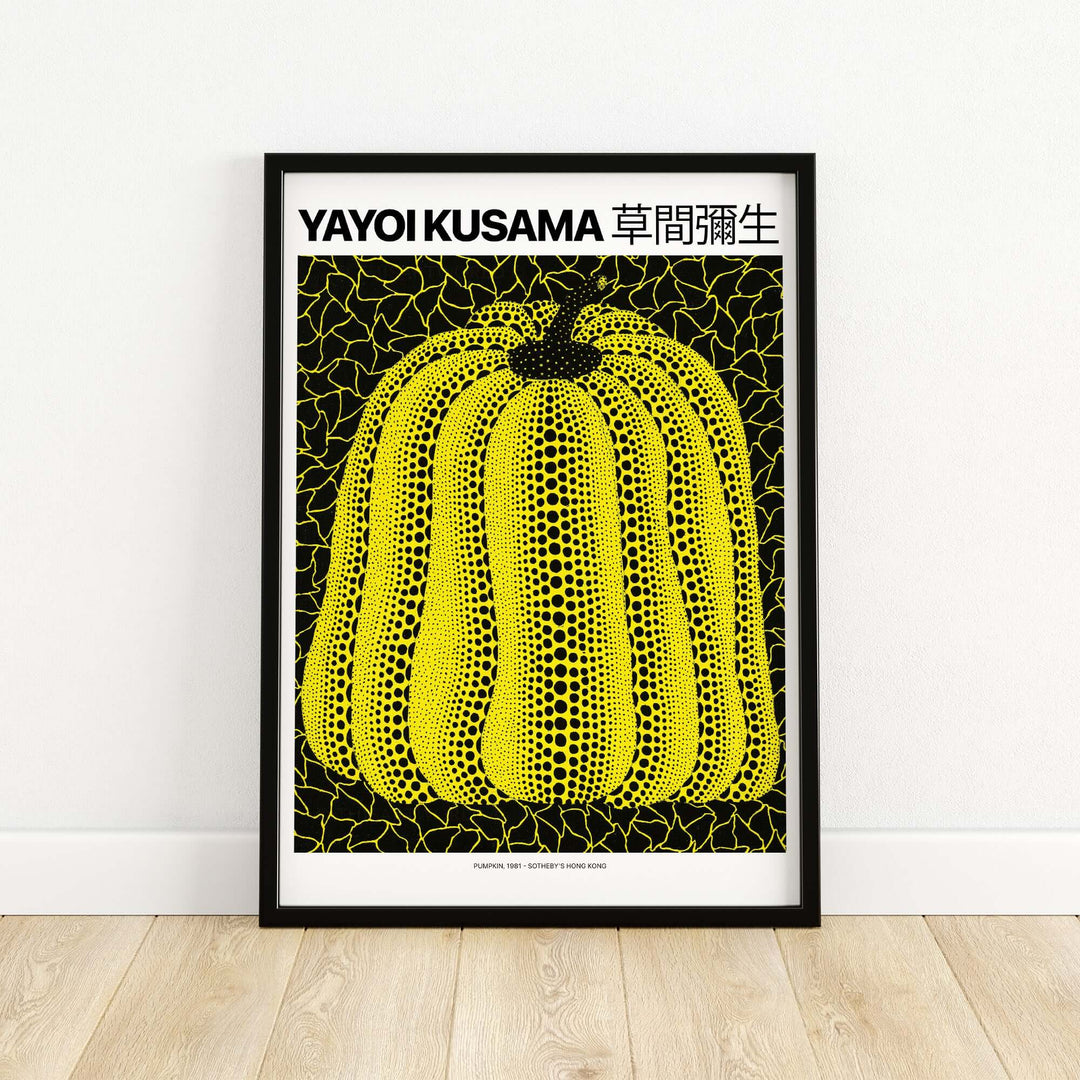 Yayoi Kusama Yellow Black Pumpkin art print poster with polka dots on a black net background.