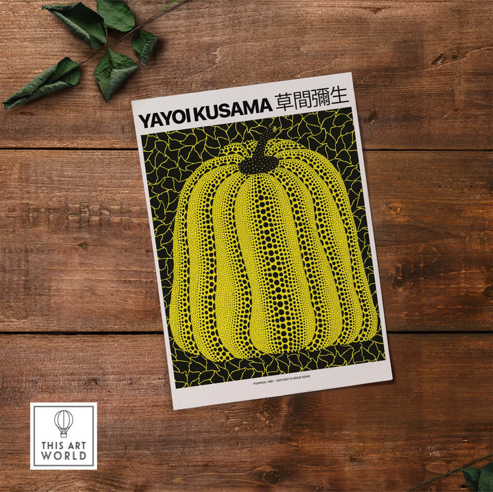Yayoi Kusama Yellow Black Pumpkin art print poster with polka dots on a black background, vibrant decor for any space.