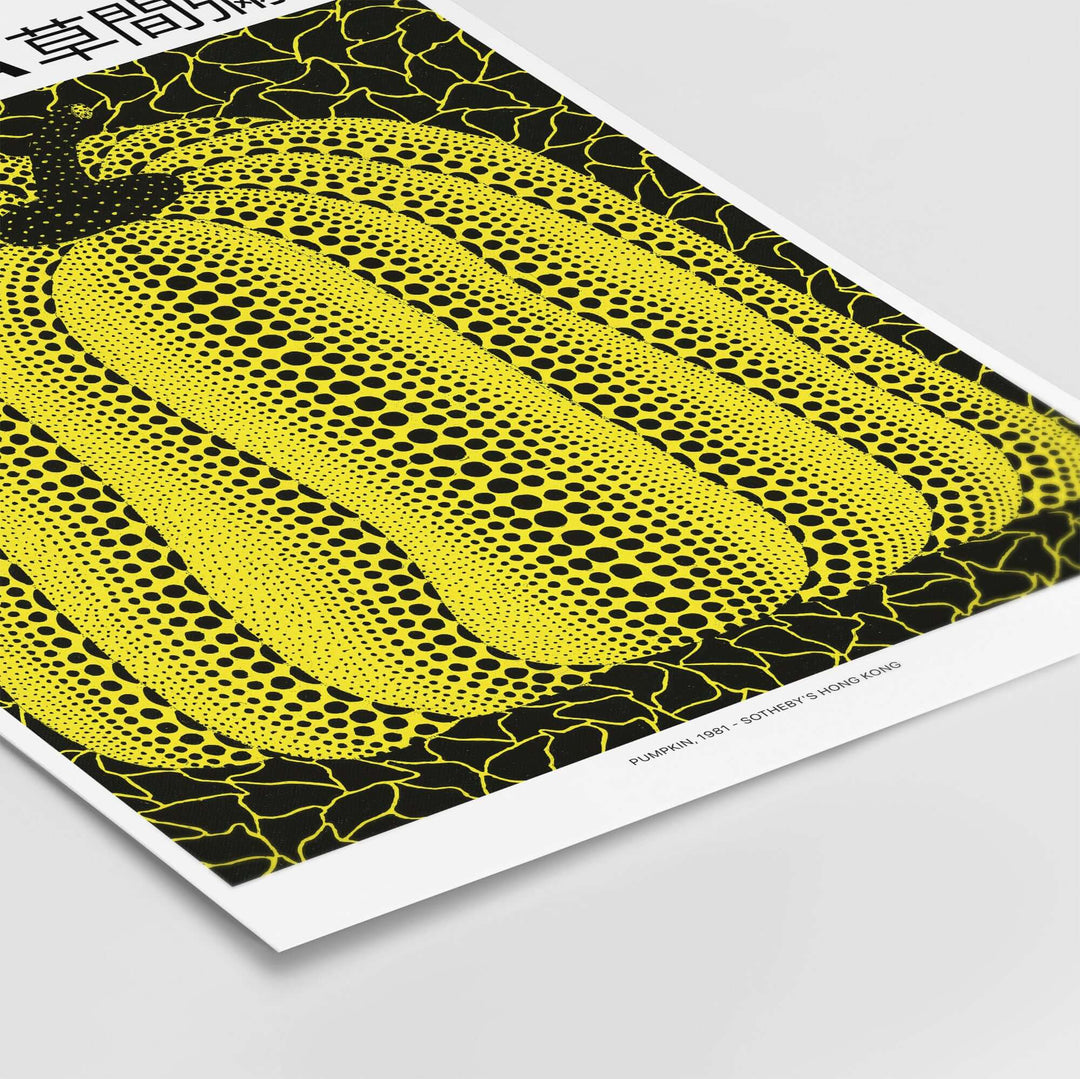 Yayoi Kusama Yellow Black Pumpkin art print featuring polka dots on a black background, a vibrant 1991 design.