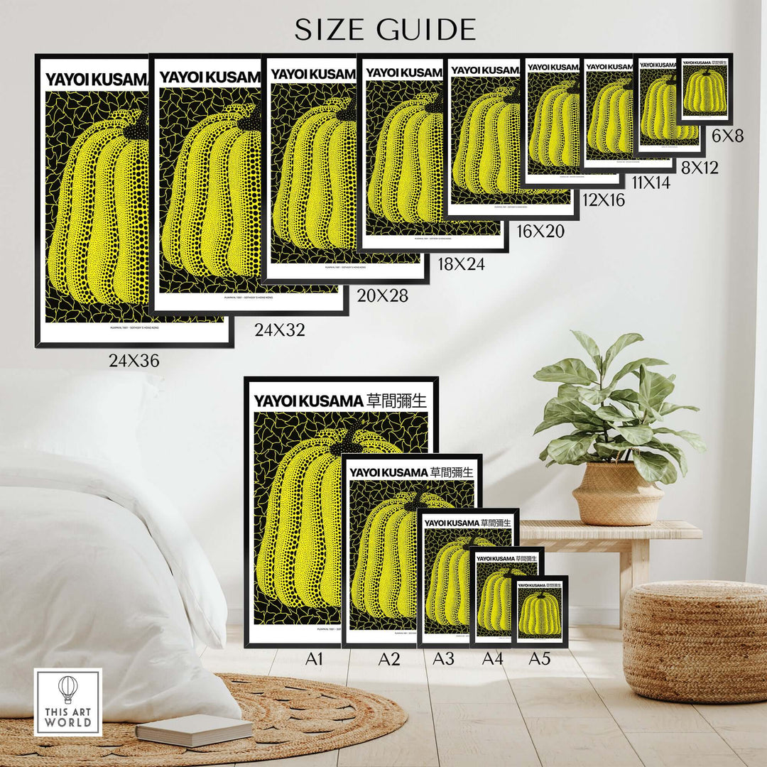 Size guide for Yayoi Kusama yellow pumpkin art prints with dimensions and styles on display.
