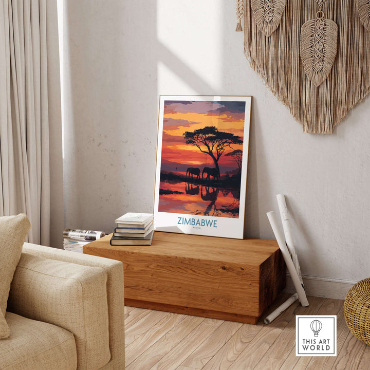Zimbabwe poster featuring elephants and sunset reflection, adding wildlife charm to home decor.