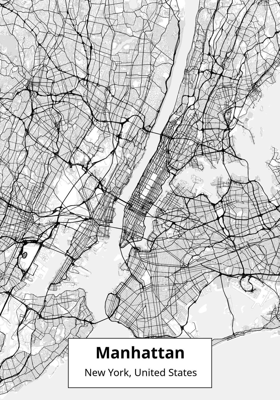 Black and white map of Manhattan, New York, showcasing detailed street layouts with overlay design.