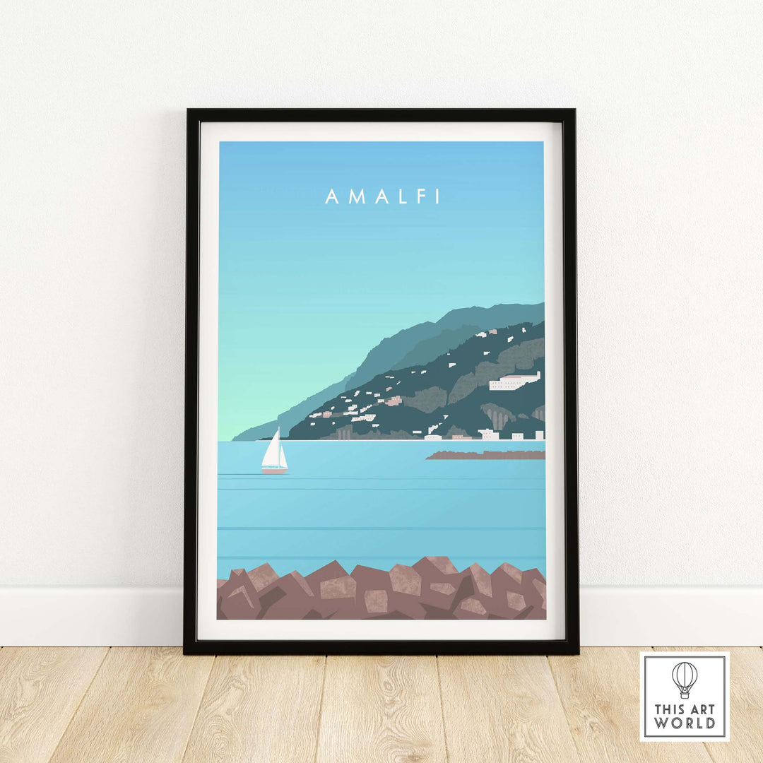 Amalfi Coast Italy print featuring a serene sea view with sailboat and mountains in vintage style.