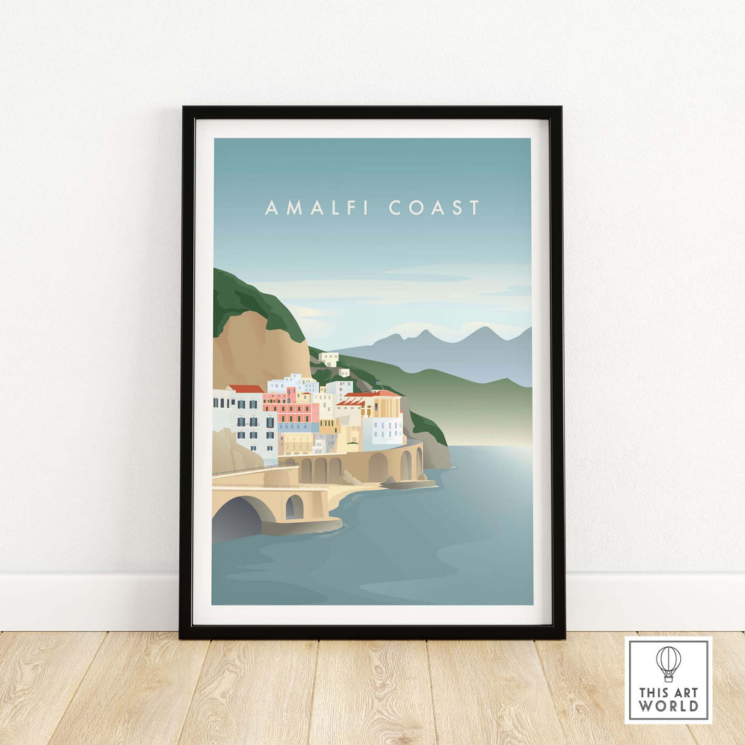 Minimalist Amalfi Coast print framed, inspired by vintage travel posters, ideal for home or office decor.
