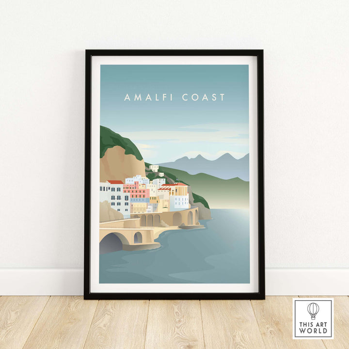 Minimalist Amalfi Coast print framed, inspired by vintage travel posters, ideal for home or office decor.