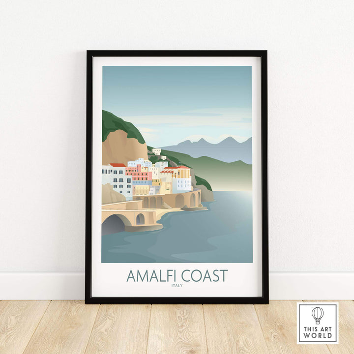 Amalfi Coast wall art print featuring minimalist design and vintage travel poster inspiration.