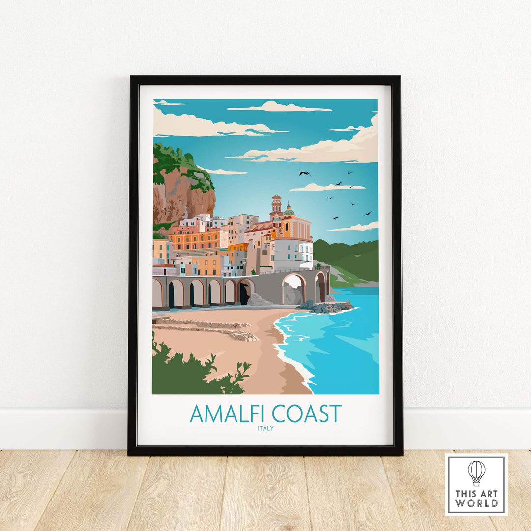 Amalfi Coast vintage travel poster featuring colorful coastal scenery and Italian architecture.