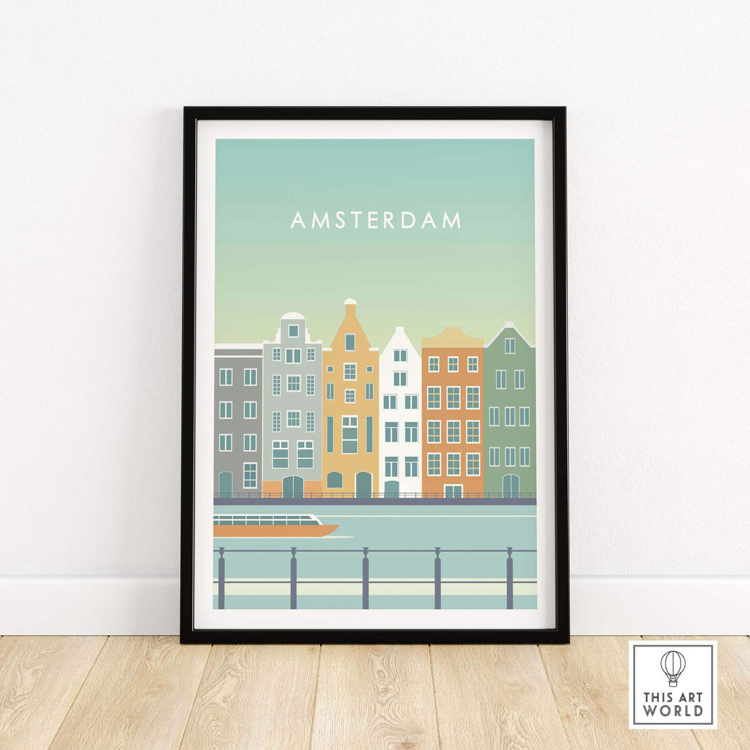 Amsterdam Print Wall Art Poster showcasing vintage canal houses in a stylish frame for home or office decor.