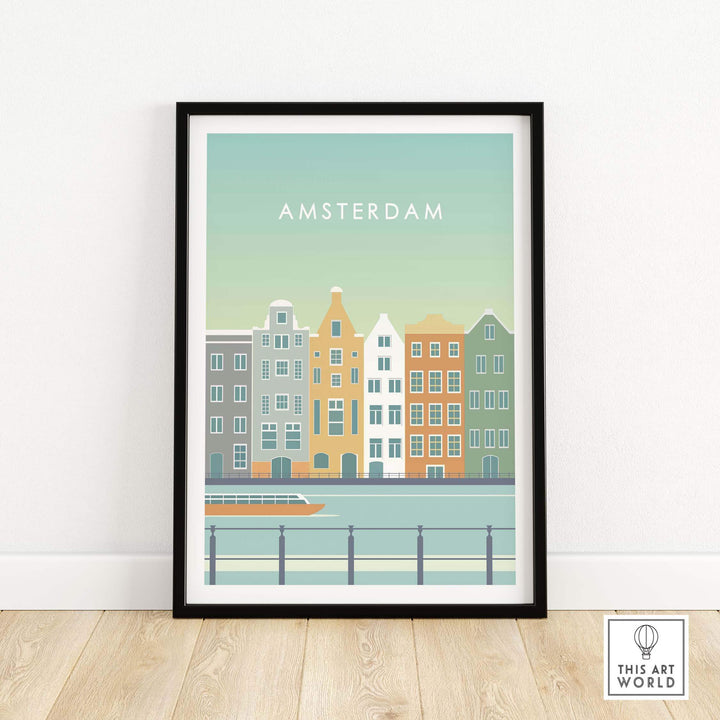 Amsterdam Print Wall Art Poster showcasing vintage canal houses in a stylish frame for home or office decor.