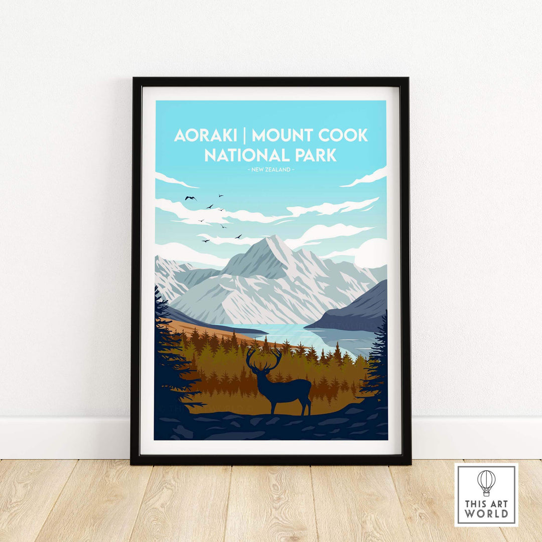 Framed Aoraki Mount Cook National Park Print showcasing mountains, lake, and deer, perfect for travel-inspired decor.