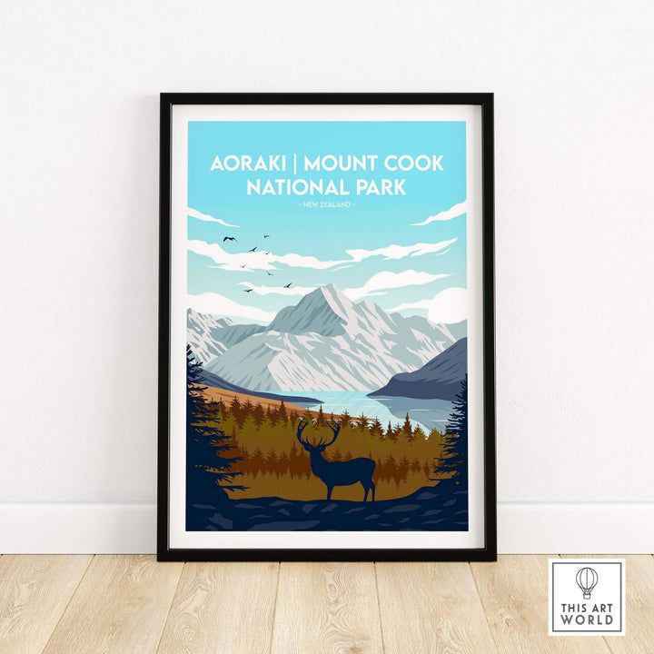 Framed Aoraki Mount Cook National Park Print showcasing mountains, lake, and deer, perfect for travel-inspired decor.