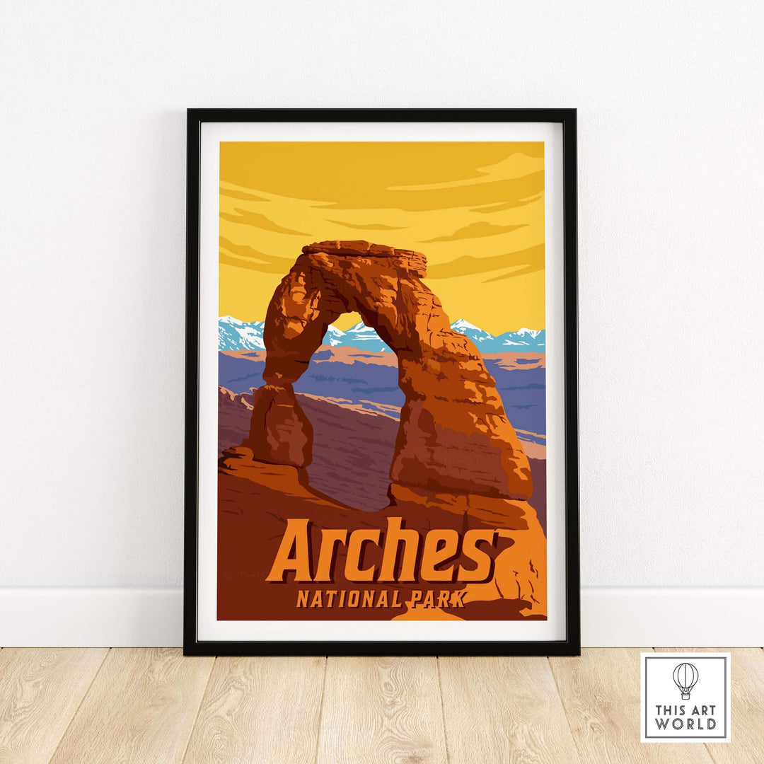 Framed Arches National Park print showcasing iconic rock formation in warm colors, perfect for outdoor enthusiasts' decor.