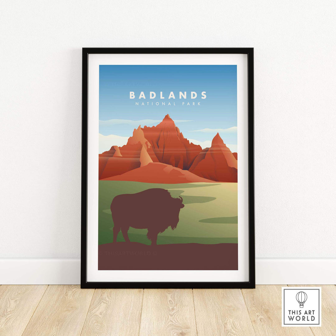 Framed Badlands National Park art print featuring a bison and mountainous landscape, perfect for home decor.