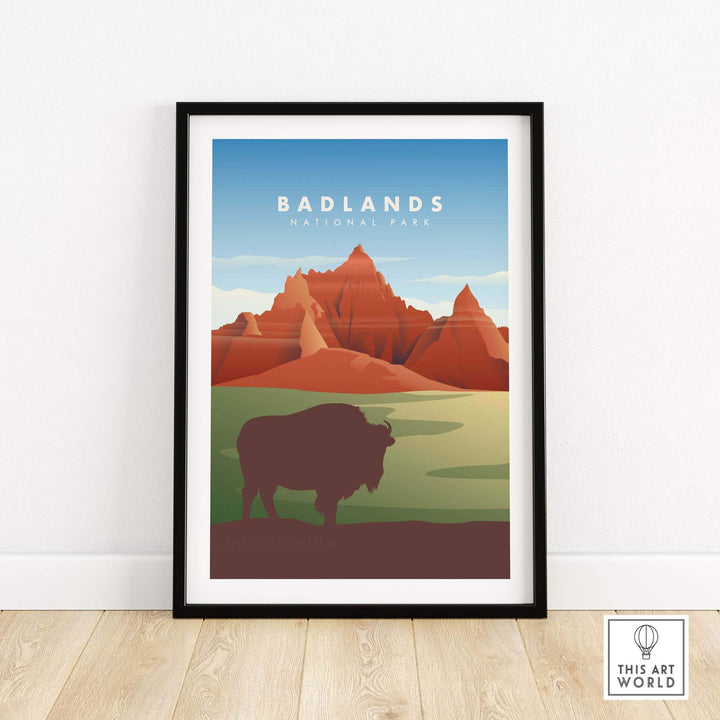 Framed Badlands National Park art print featuring a bison and mountainous landscape, perfect for home decor.