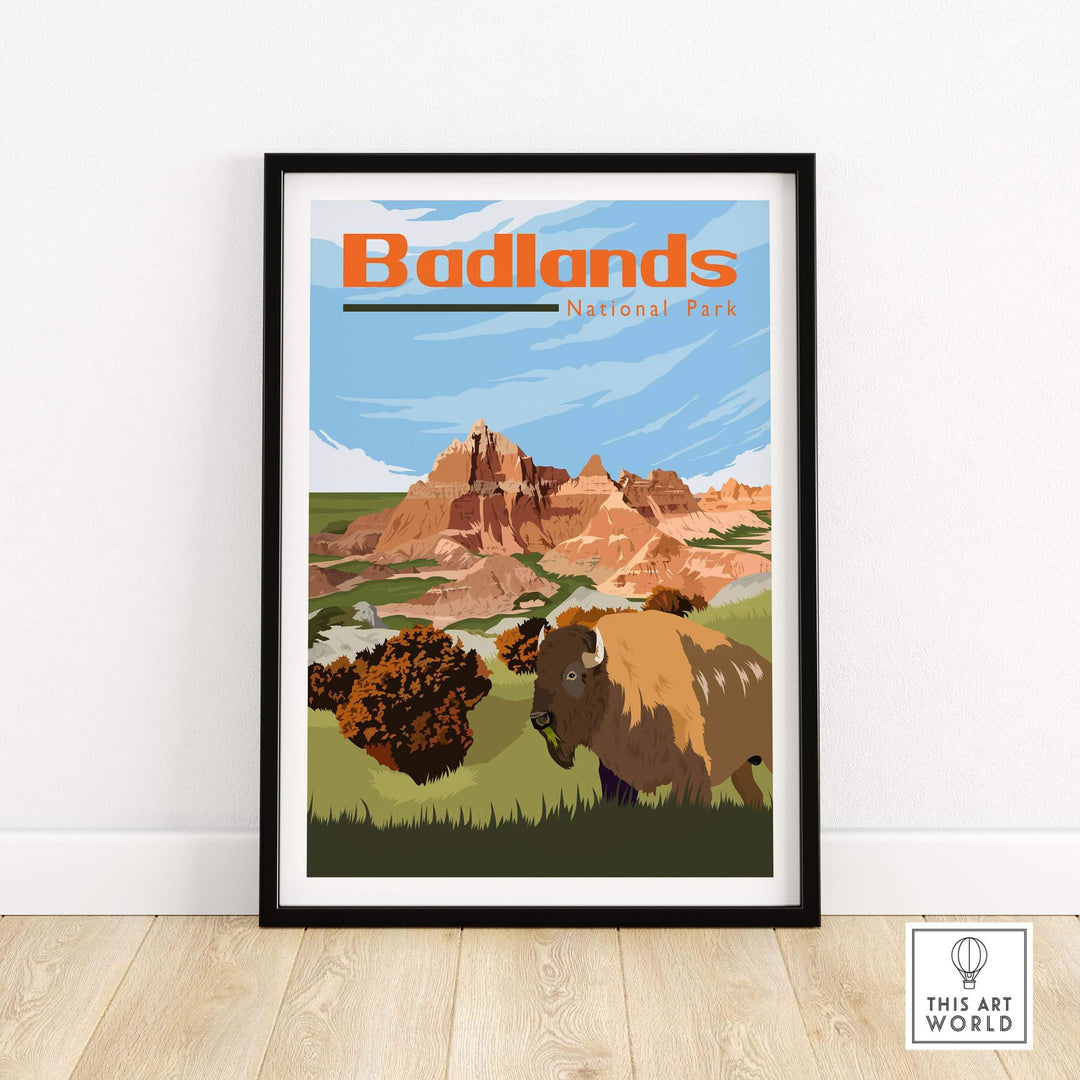 Badlands National Park poster featuring bison and scenic landscape, vintage-style wall art for home or office.