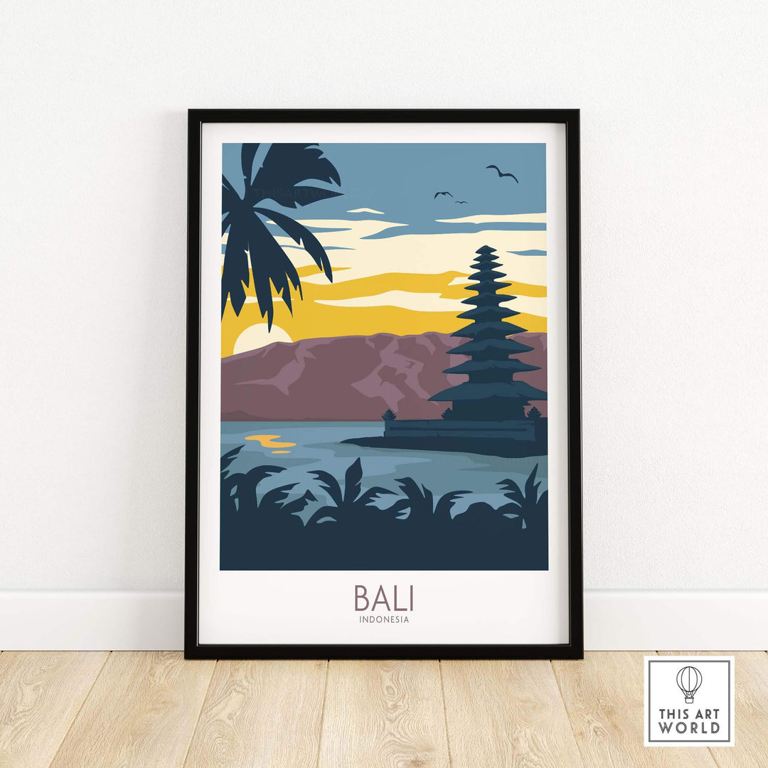 Vintage Bali travel poster featuring a serene landscape with palm trees and a temple, framed for stylish wall art.