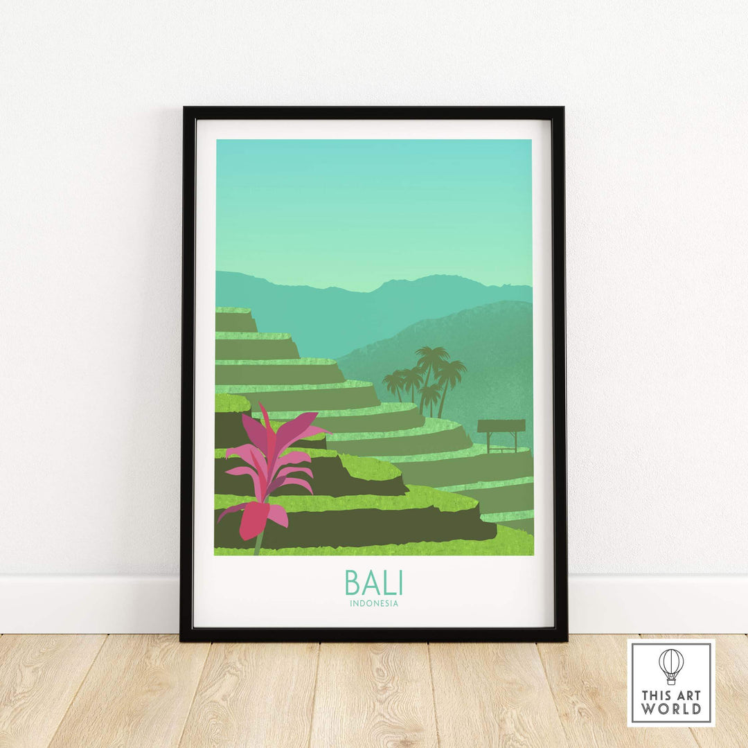 Bali Print wall art featuring terraced landscapes and tropical plants, framed artwork for stylish home decor.
