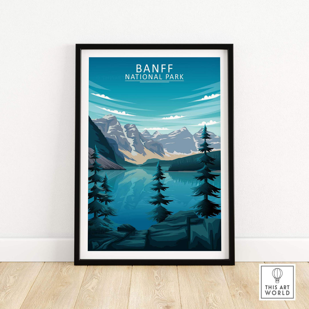 Framed Banff National Park print featuring mountains and lake in a minimalist style, perfect for home decor.
