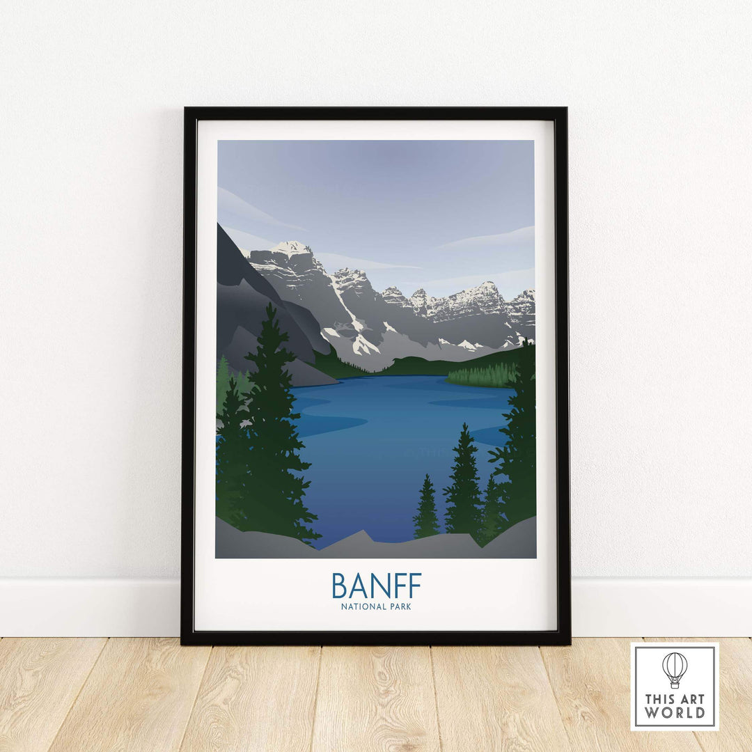 Banff National Park art print featuring mountains and lake in minimalist design, framed for stylish home decor.