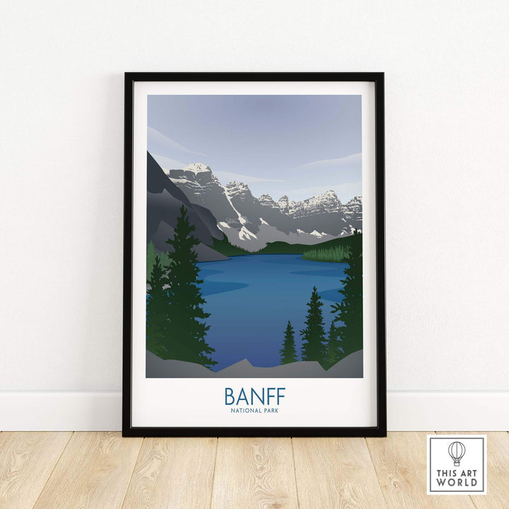 Banff National Park art print featuring mountains and lake in minimalist design, framed for stylish home decor.
