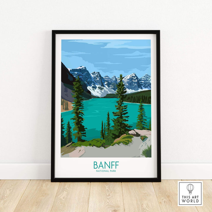 Framed Banff National Park poster featuring turquoise lake and mountains, perfect for wall art decor.