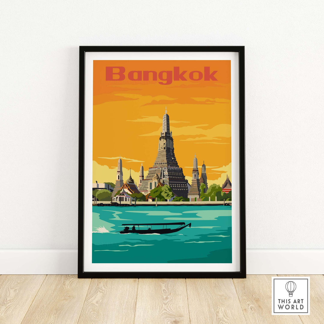 Vintage Bangkok print poster wall art featuring iconic architecture and a boat on the river.