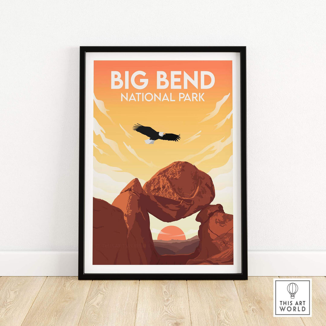 Big Bend National Park poster featuring a soaring eagle and sunset, minimalist design for stylish wall art.
