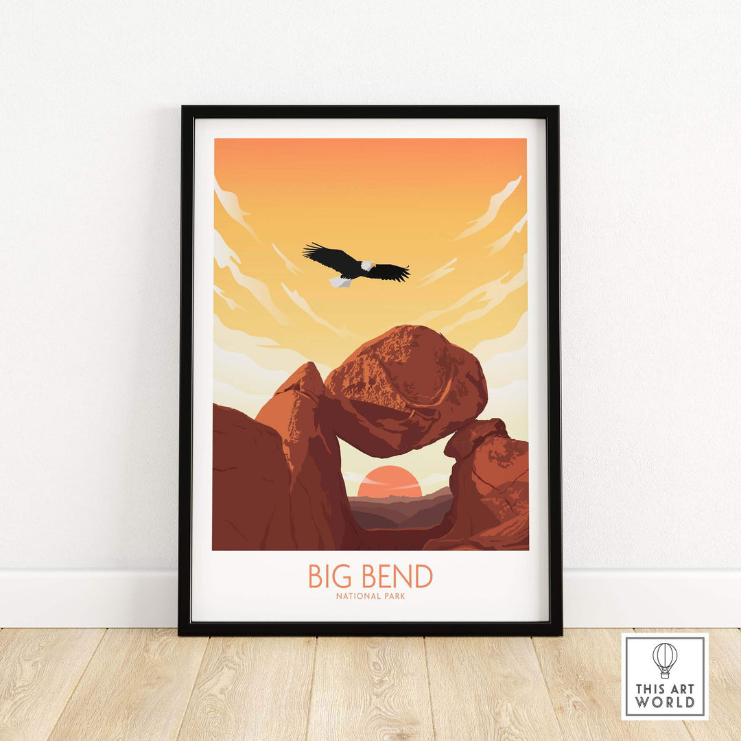 Big Bend National Park minimalist art print featuring a sun setting behind rock formations and an eagle flying.