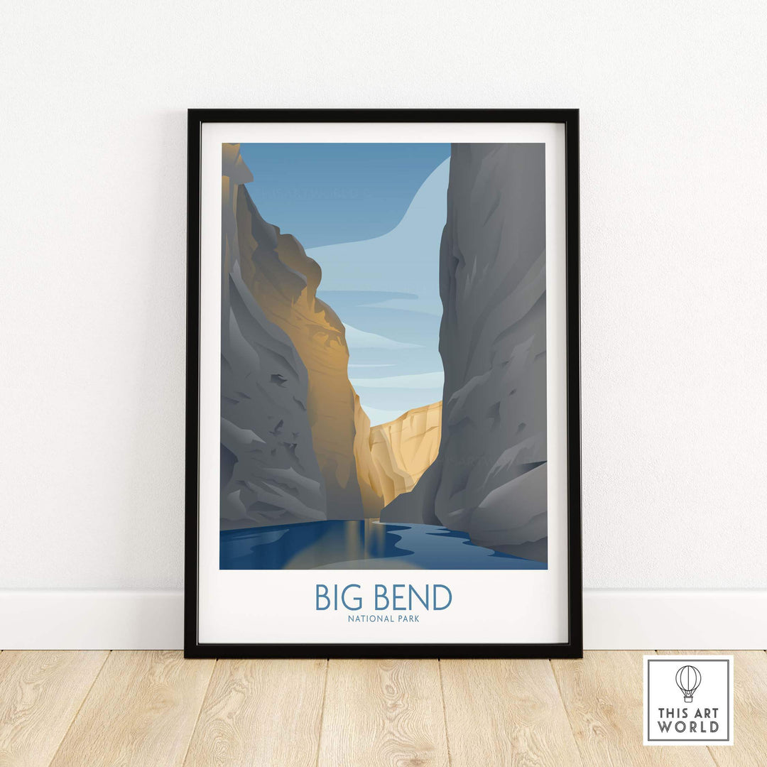 Art print of Big Bend National Park in a minimalist style, showcasing stunning canyon and river scene.