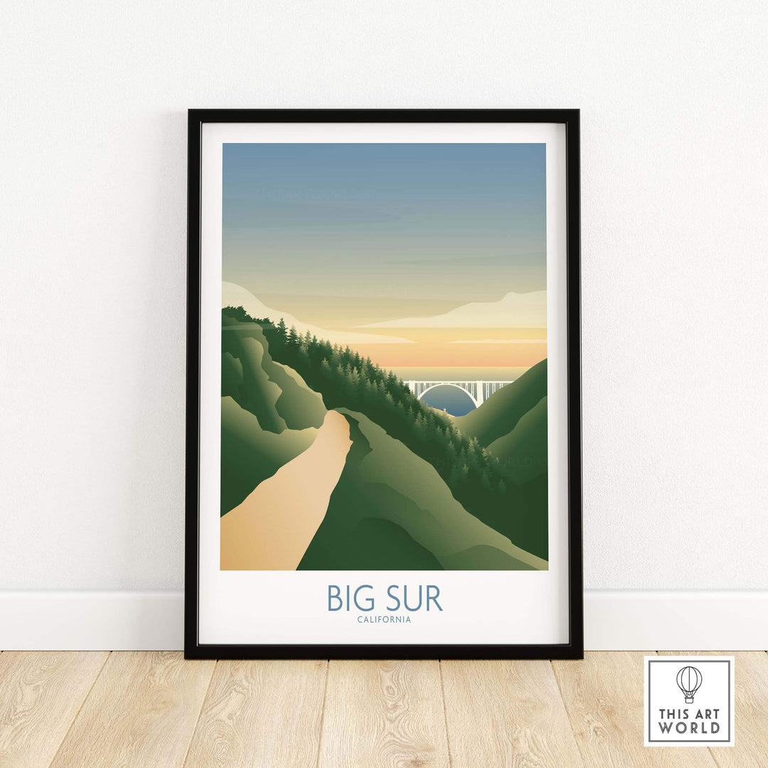 Big Sur California art print featuring mountains and a bridge in a minimalist design, perfect for home decor.