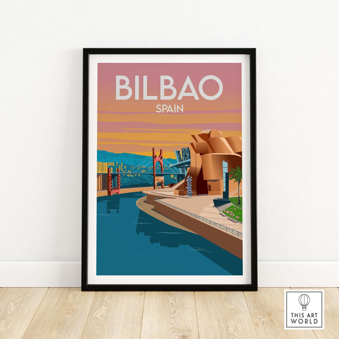 Framed Bilbao Spain art print featuring a minimalist design inspired by vintage travel posters.