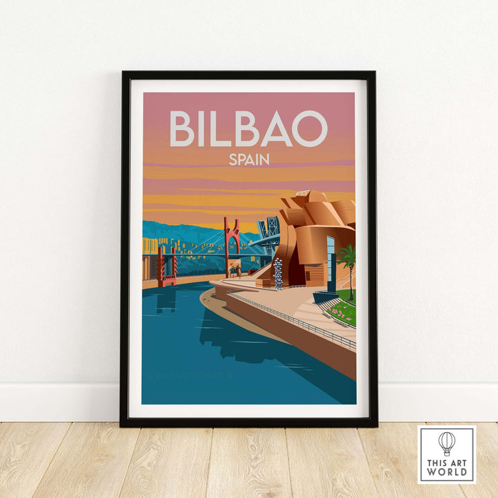 Framed Bilbao Spain art print featuring a minimalist design inspired by vintage travel posters.