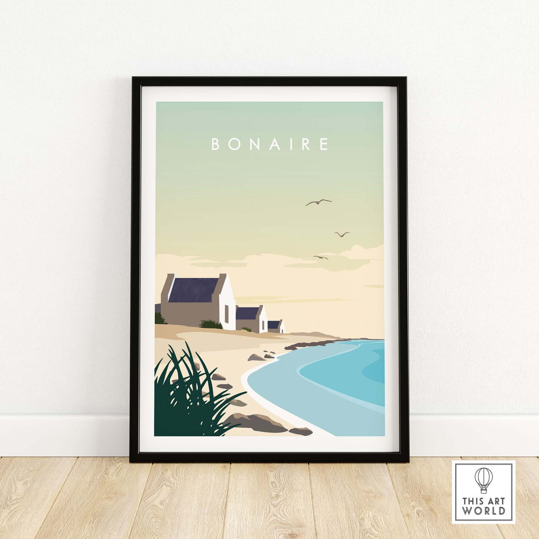 Bonaire travel poster print featuring a serene beach scene and minimalist design, perfect for home or office decor.