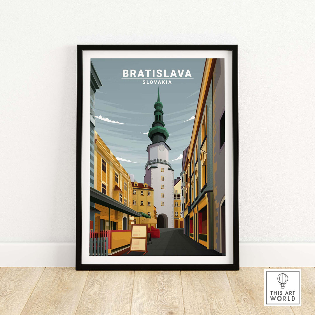 Bratislava Poster Slovakia featuring a minimalist vintage design of a city street and tower.