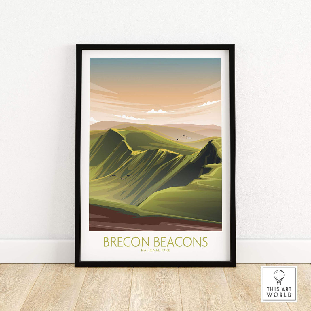 Brecon Beacons National Park poster art print in a minimalist style, showcasing lush green hills and a serene sky.