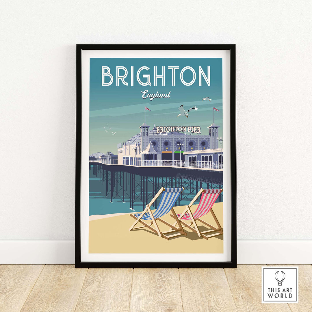 Brighton wall art print featuring colorful deck chairs and the iconic Brighton Pier, perfect for home or office decor.