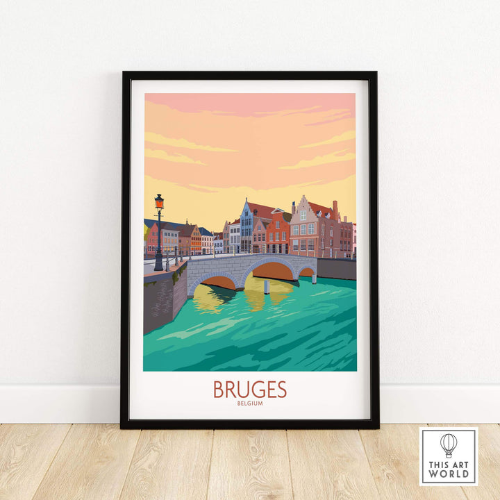 Bruges Belgium vintage travel poster featuring a picturesque canal and colorful buildings.